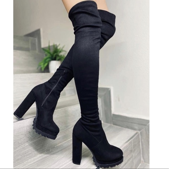 Faux Suede Stretchy Thigh High Lug Boots - Picture 3 of 12